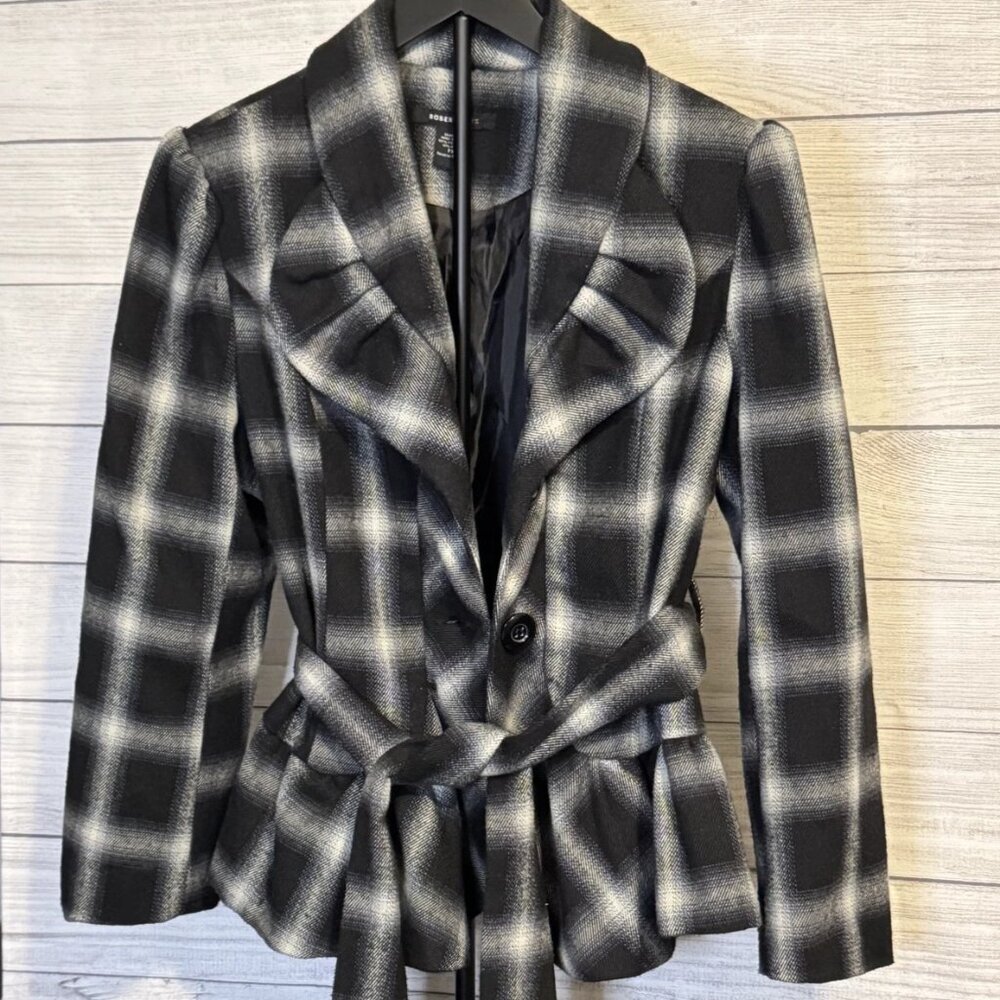 Robert Louis Women’s Plaid Belted Pea Coat PXL Black White Ruffle Collar